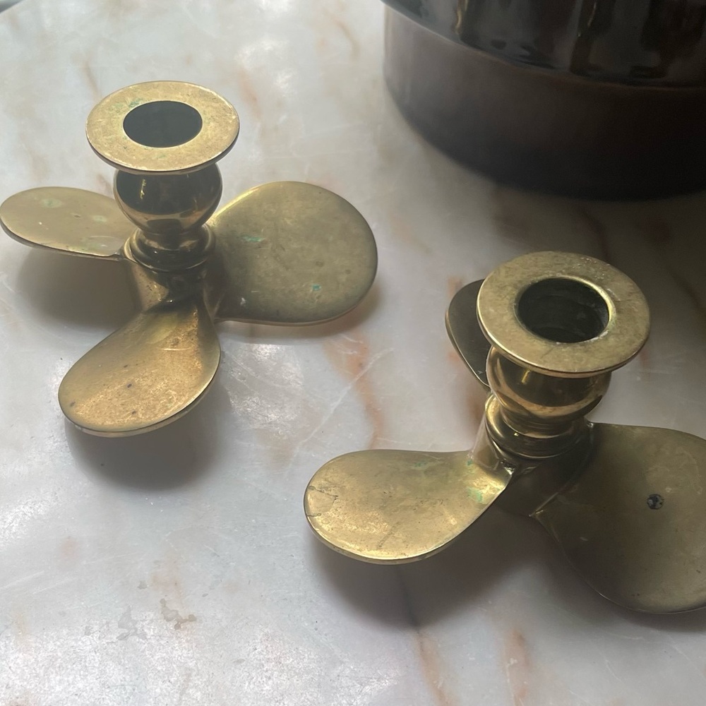 Vintage Brass Propeller Candlestick Holder Set
